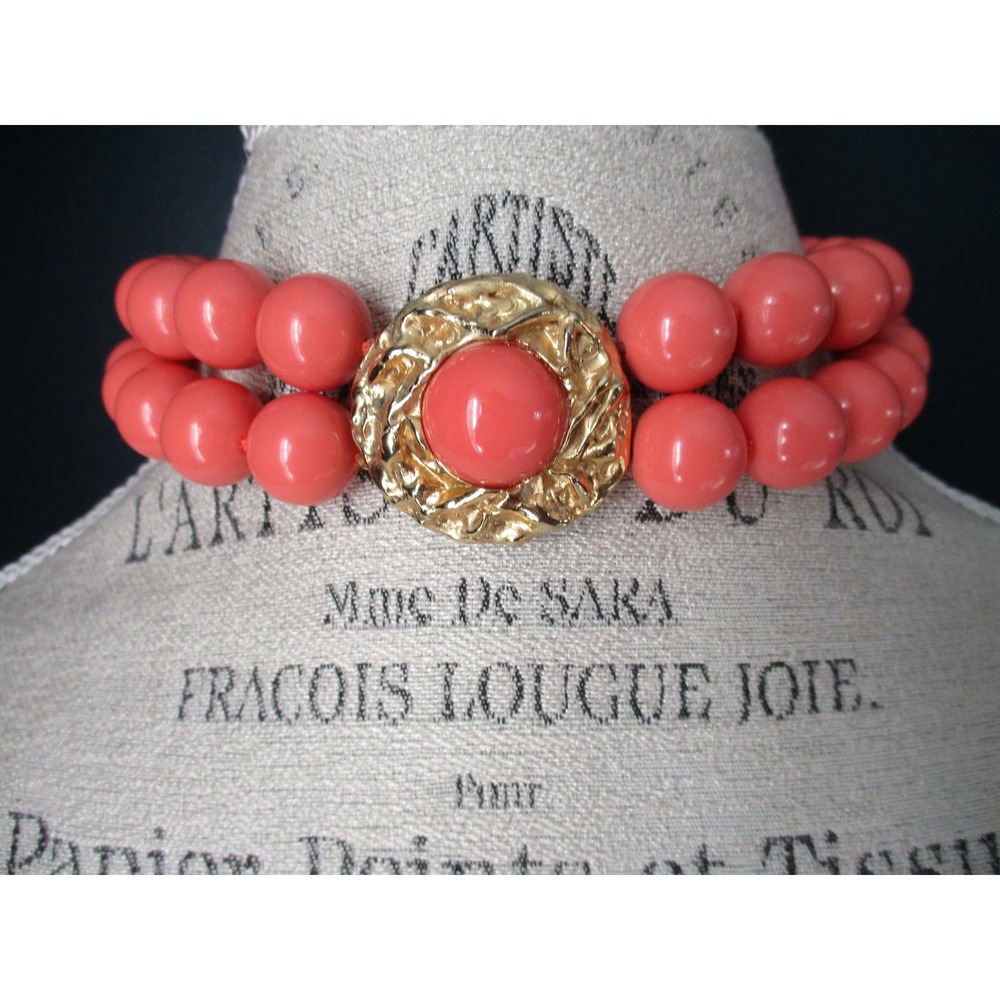 Gold and Coral Bead Choker Necklace